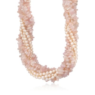 Pearl and Morganite Torsade Necklace in 14kt Yellow Gold. 16" &mdash; Alt Image 1