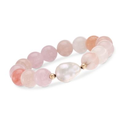 12-13mm Pearl and Morganite Bead Bracelet in 14kt Yellow Gold &mdash; Alt Image 1