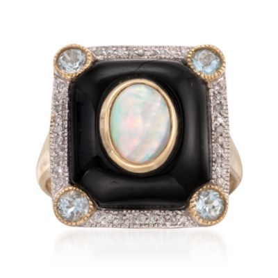 Opal and Black Agate Ring With .11 ct. t.w. Diamonds and Aquamarines in 14kt Yellow Gold &mdash; Alt Image 1