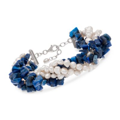 5-6mm Pearl and Lapis Multi-Strand Bracelet in Sterling Silver. 8" &mdash; Alt Image 1