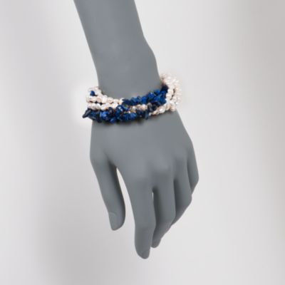 5-6mm Pearl and Lapis Multi-Strand Bracelet in Sterling Silver. 8" &mdash; Alt Image 2