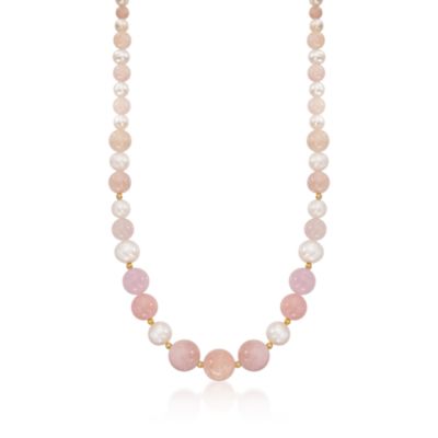 6-12mm Pearl and Morganite Bead Necklace in 14kt Over Sterling. 18" &mdash; Alt Image 1