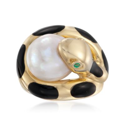 Black Agate and Pearl Snake Ring in 14kt Over Sterling &mdash; Alt Image 1