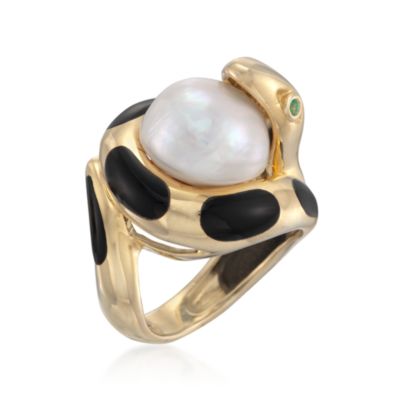 Black Agate and Pearl Snake Ring in 14kt Over Sterling &mdash; Alt Image 3