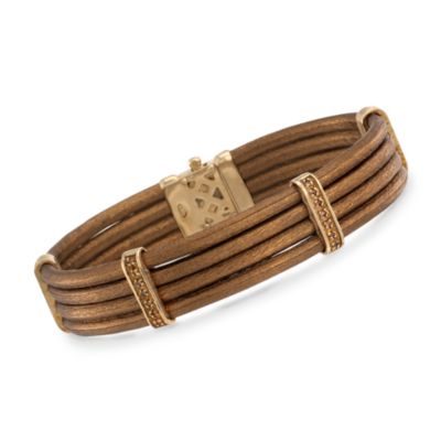 .17 ct. t.w. Brown CZ Italian Four-Strand Brown Leather Bracelet in 18kt Over Sterling. 7" &mdash; Alt Image 1