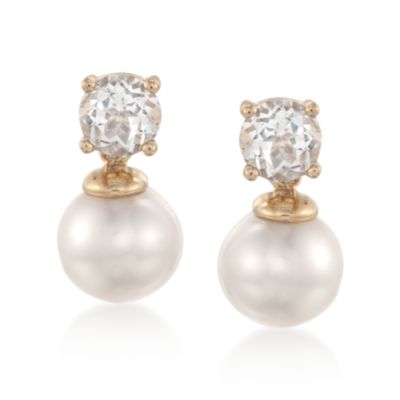 1.00 ct. t.w. White Topaz and 7.5-8mm Pearl Earrings in 14kt Yellow Gold &mdash; Alt Image 1