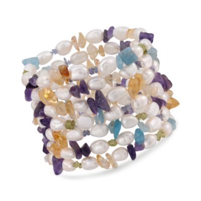 Set of Seven 7-8mm Pearl and Multi-Gemstone Stretch Bracelets. Adjustable Size &mdash; Alt Image 1