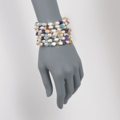 Set of Seven 7-8mm Pearl and Multi-Gemstone Stretch Bracelets. Adjustable Size &mdash; Alt Image 2