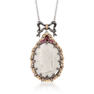 Mabe Pearl Cameo Pendant Necklace With .50 ct. t.w. Garnet and .15 ct. t.w. Rubies in Sterling Silver and Palladium. 18" &mdash; Alt Image 1