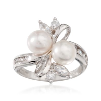 6.5-7mm Double Pearl and .50 ct. t.w. CZ Ring in Sterling Silver &mdash; Alt Image 1