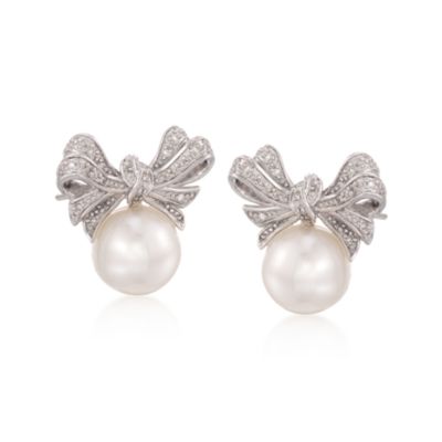 8.5-9mm Pearl Earrings With .10 ct. t.w. Diamond Bows in Sterling Silver &mdash; Alt Image 1