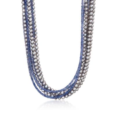 Tanzanite and Gray Cultured Pearl Torsade Necklace in Sterling Silver &mdash; Alt Image 1