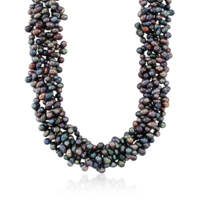Black Pearl Torsade Necklace in Sterling Silver. 18" &mdash; Alt Image 1