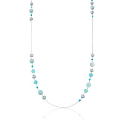 7-7.5mm Pearl and Multi-Gemstone Station Necklace in Sterling Silver. 42" &mdash; Alt Image 1