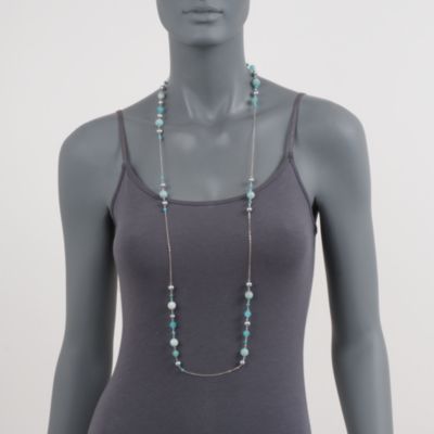 7-7.5mm Pearl and Multi-Gemstone Station Necklace in Sterling Silver. 42" &mdash; Alt Image 2