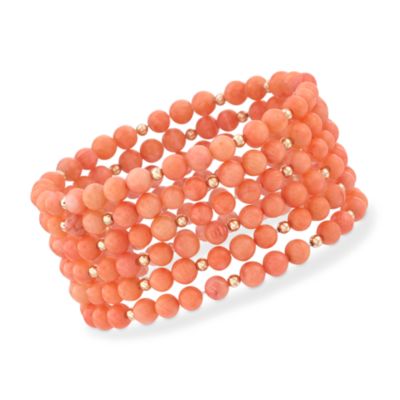Set of Six 5-5.5mm Coral Stretch Bracelets With 14kt Yellow Gold &mdash; Alt Image 1