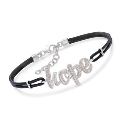 Black Leather .25 ct. t.w. Diamond "Hope" Bracelet in Sterling Silver. 7" &mdash; Alt Image 1