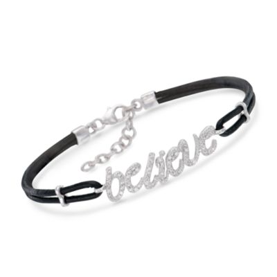 Black Leather and .25 ct. t.w. Diamond "Believe" Stacking Bracelet in Sterling Silver. 7" &mdash; Alt Image 1