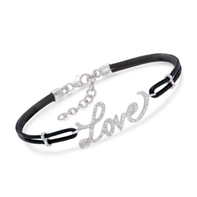 Black Leather .25 ct. t.w. Diamond "Love" Bracelet in Sterling Silver. 7" &mdash; Alt Image 1