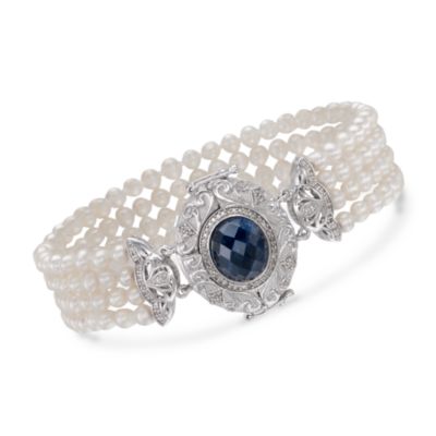Pearl and 6.80 ct. t.w. Sapphire Bracelet With .25 ct. t.w. Diamonds in Sterling Silver. 7" &mdash; Alt Image 1