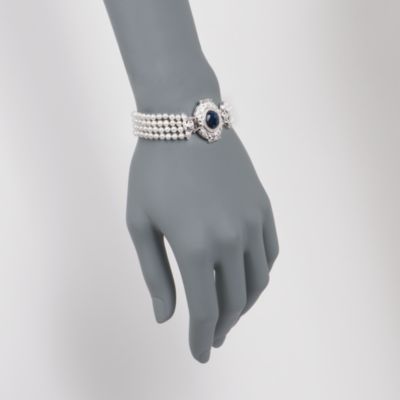 Pearl and 6.80 ct. t.w. Sapphire Bracelet With .25 ct. t.w. Diamonds in Sterling Silver. 7" &mdash; Alt Image 2
