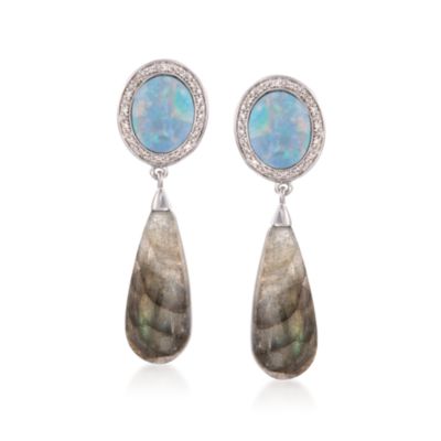 Opal and Labradorite Drop Earrings With .10 ct. t.w. Diamonds in Sterling Silver &mdash; Alt Image 1