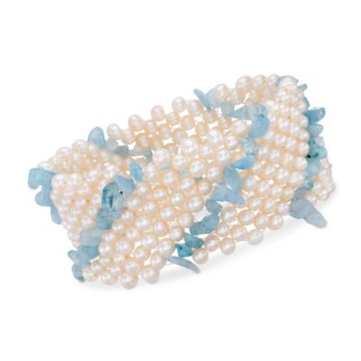 Pearl and Aquamarine Multi-Strand Stretch Bracelet. Adjustable Size &mdash; Alt Image 1