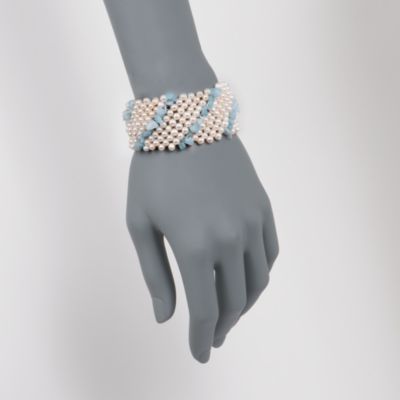 Pearl and Aquamarine Multi-Strand Stretch Bracelet. Adjustable Size &mdash; Alt Image 2