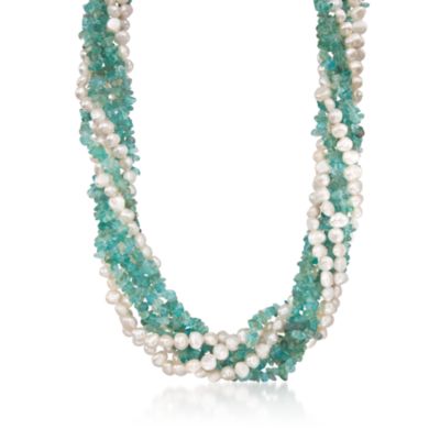 Pearl and Multi-Gemstone Torsade Necklace in Sterling Silver. 18" &mdash; Alt Image 1