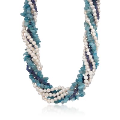Pearl and Tanzanite 5-7mm Torsade Necklace in Sterling Silver. 18" &mdash; Alt Image 1