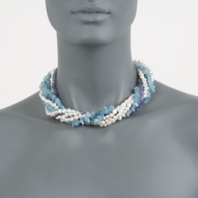 Pearl and Tanzanite 5-7mm Torsade Necklace in Sterling Silver. 18" &mdash; Alt Image 2