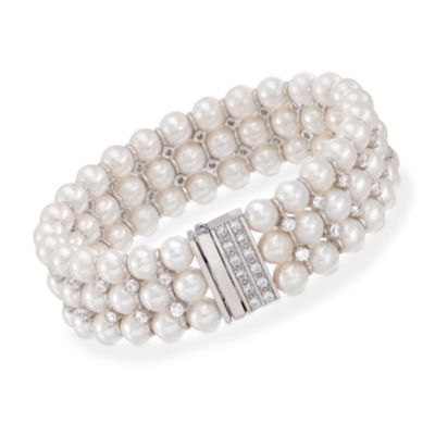 Faux Pearl and 7.55 ct. t.w. CZ Bracelet in Sterling Silver. 7.5" &mdash; Alt Image 1