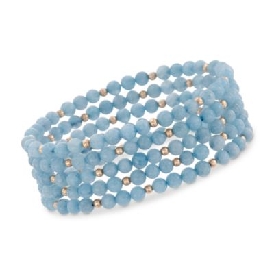 Set of Five Milky Aquamarine Bead Bracelets in 14kt Yellow Gold. Adjustable Size &mdash; Alt Image 1