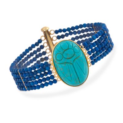 Turquoise and Lapis Scarab Bracelet in 14kt Over Sterling. 7.5" &mdash; Alt Image 1