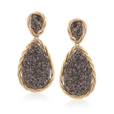Italian Silver Drusy Drop Earrings in 14kt Yellow Gold &mdash; Alt Image 1