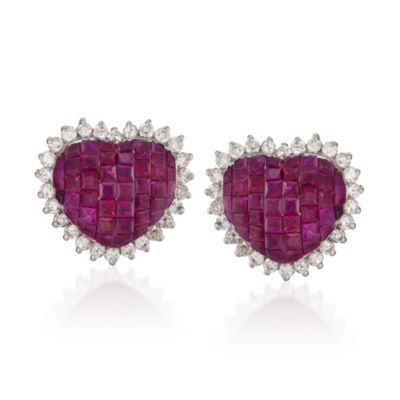 6.50 ct. t.w. Ruby and 1.70 ct. t.w. Diamond Heart Earrings in 18kt White Gold &mdash; Alt Image 1