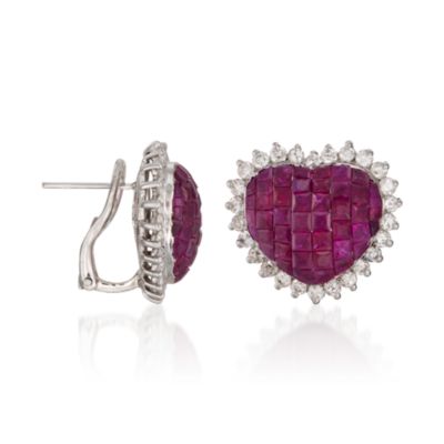 6.50 ct. t.w. Ruby and 1.70 ct. t.w. Diamond Heart Earrings in 18kt White Gold &mdash; Alt Image 3