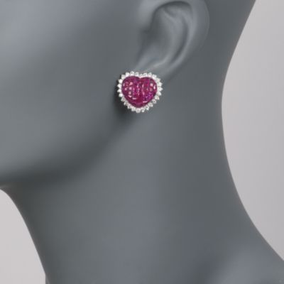 6.50 ct. t.w. Ruby and 1.70 ct. t.w. Diamond Heart Earrings in 18kt White Gold &mdash; Alt Image 2