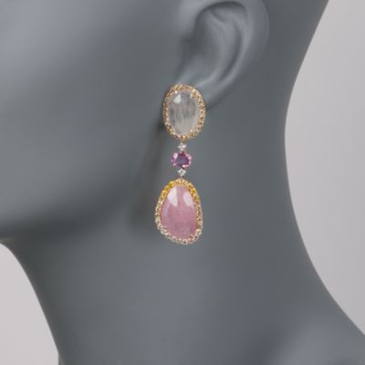 34.55 ct. t.w. Multicolored Sapphire and 3.10 ct. t.w. Diamond Slice Earrings in 18kt Yellow Gold &mdash; Alt Image 2
