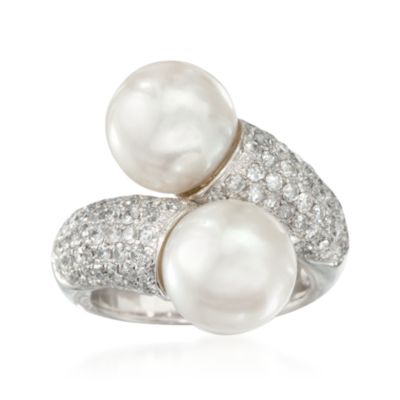 South Sea Pearl and 1.90 ct. t.w. Diamond Bypass Ring in 18kt White Gold. Size 7 &mdash; Alt Image 1