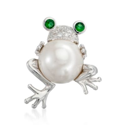Faux Pearl and .10 ct. t.w. Faux Emerald Frog Pin With .18 ct. t.w. CZs in Sterling Silver &mdash; Alt Image 1