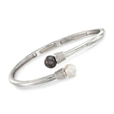 Black and White Pearl Bangle Bracelet With .10 ct. t.w. Diamonds in Sterling Silver. 8" &mdash; Alt Image 1