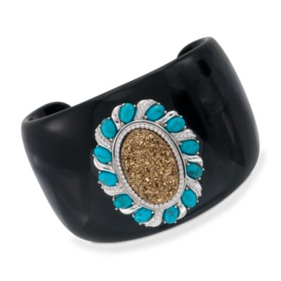Golden Drusy and Turquoise Cuff Bracelet in Black Resin With Sterling Silver. 7" &mdash; Alt Image 1