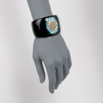 Golden Drusy and Turquoise Cuff Bracelet in Black Resin With Sterling Silver. 7" &mdash; Alt Image 2