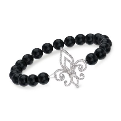 Black Onyx and .15ct. t.w. Fleur-De-Lis Bracelet in Sterling Silver. Adjustable Size &mdash; Alt Image 1