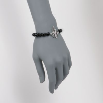 Black Onyx and .15ct. t.w. Fleur-De-Lis Bracelet in Sterling Silver. Adjustable Size &mdash; Alt Image 2