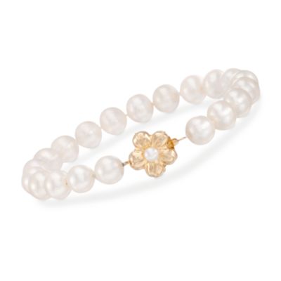 Pearl Bracelet With Flower Clasp in 14kt Yellow Gold &mdash; Alt Image 1