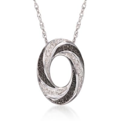 Black and White Diamond Oval Pendant Necklace in Sterling Silver. 18" &mdash; Alt Image 1