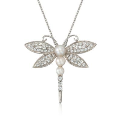4-5mm Pearl and 1.20 ct. t.w. White Topaz Dragonfly Necklace in Sterling Silver. 20" &mdash; Alt Image 1