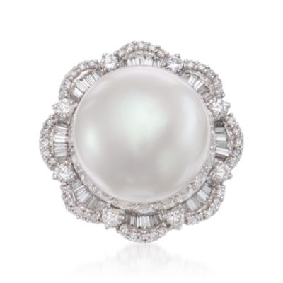 C. 1990 Vintage South Sea Pearl and Diamond Ring in 18kt White Gold. Size 6.5 &mdash; Alt Image 1